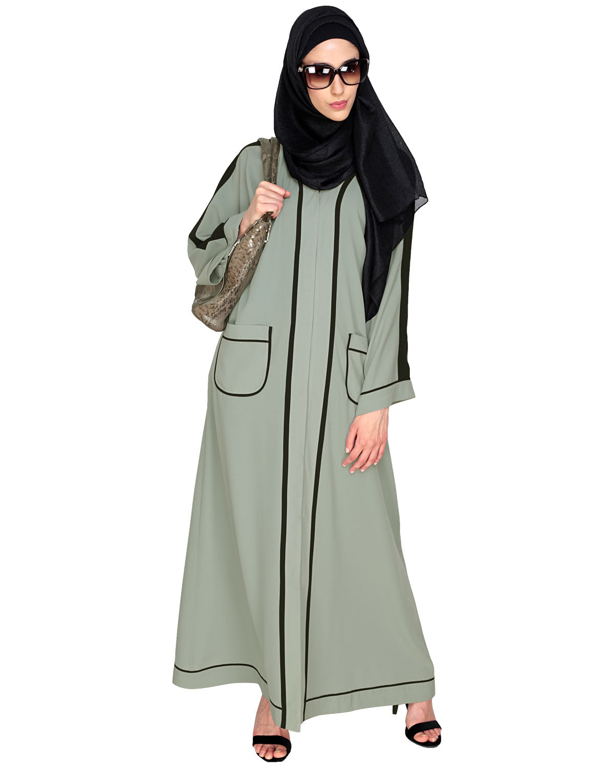 Pocket Dubai Style Abaya with Black detailing Sage Green