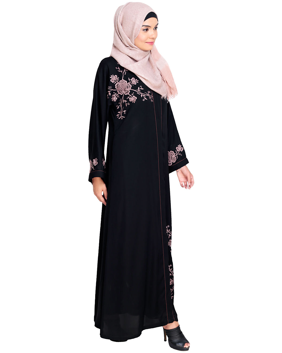 Botanical Embroidered Dubai Style Abaya Black