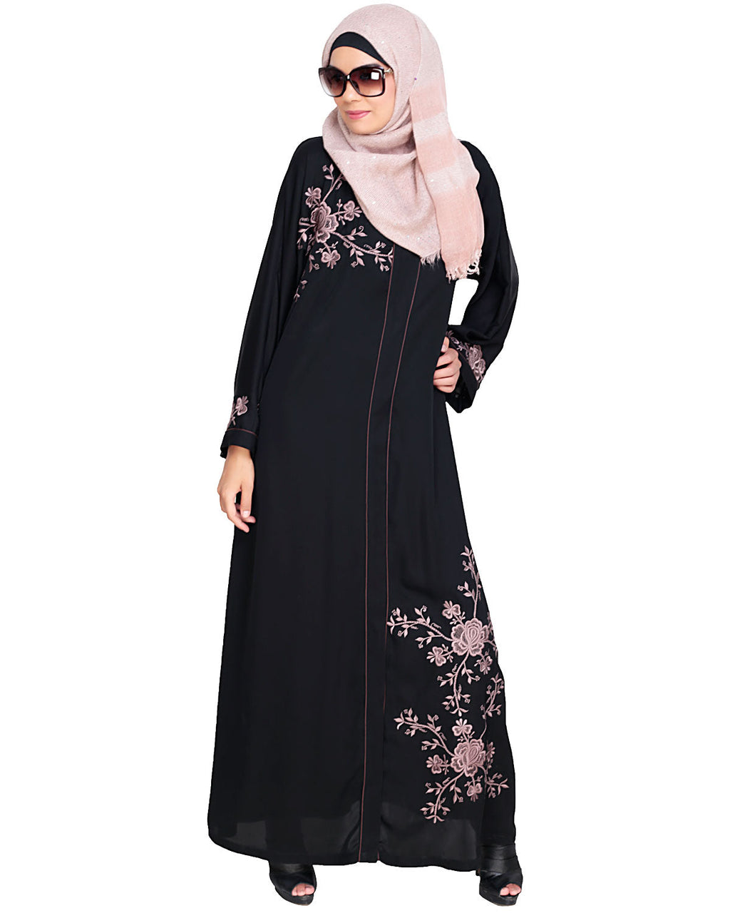 Botanical Embroidered Dubai Style Abaya Black