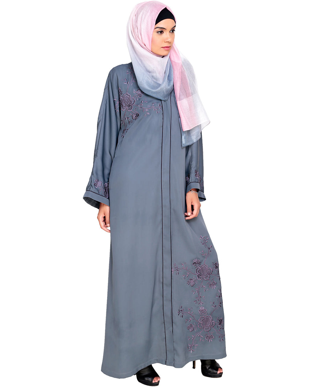 Botanical Embroidered Dubai Style Abaya Grey