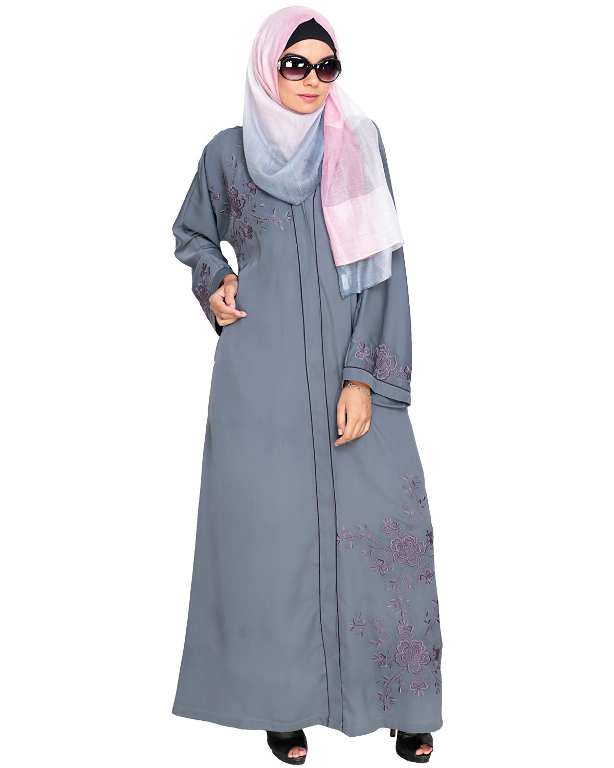 Botanical Embroidered Dubai Style Abaya Grey