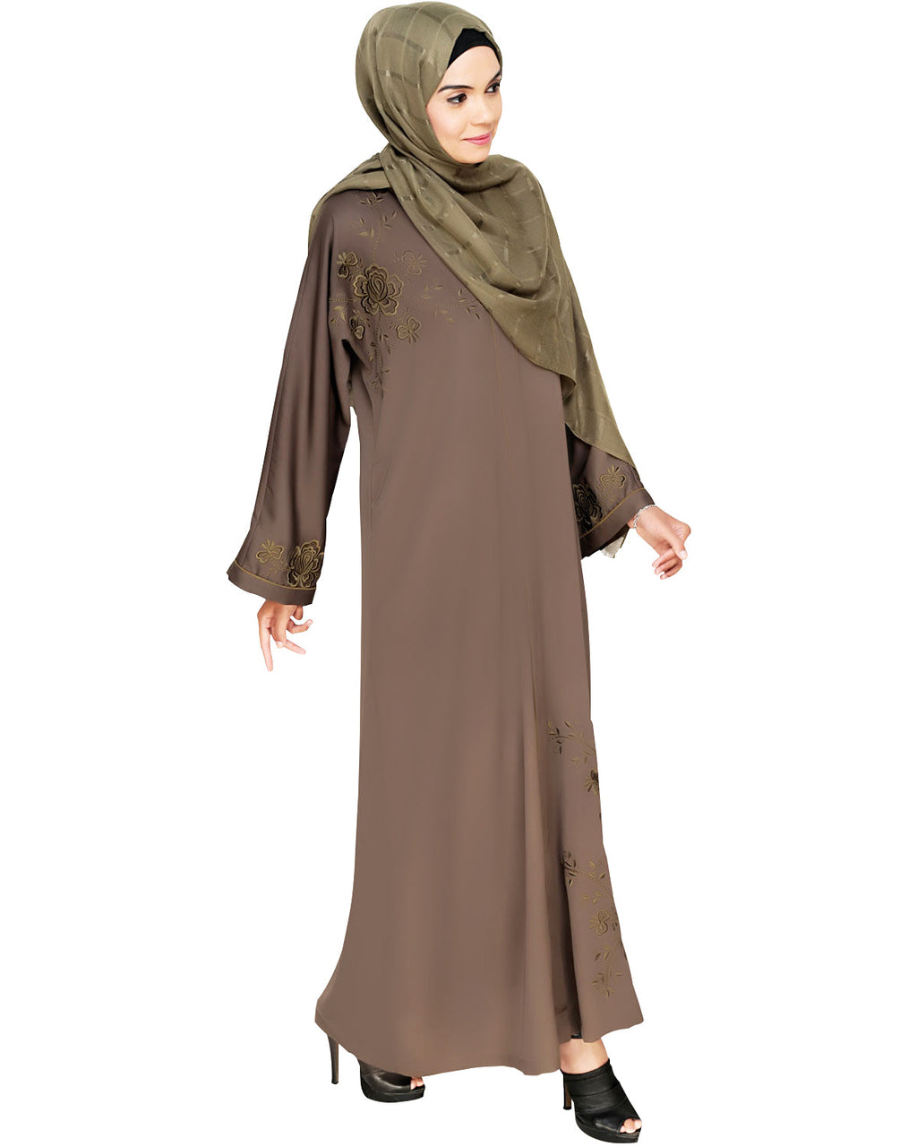 Botanical Embroidered Dubai Style Abaya Grey