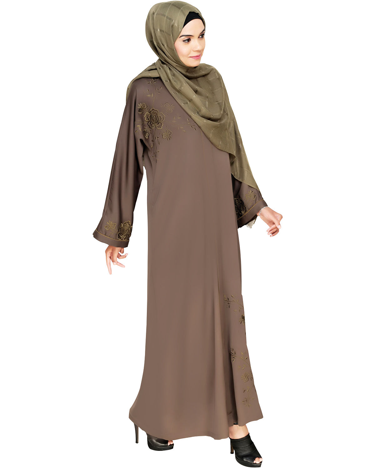 Botanical Embroidered Dubai Style Abaya Grey