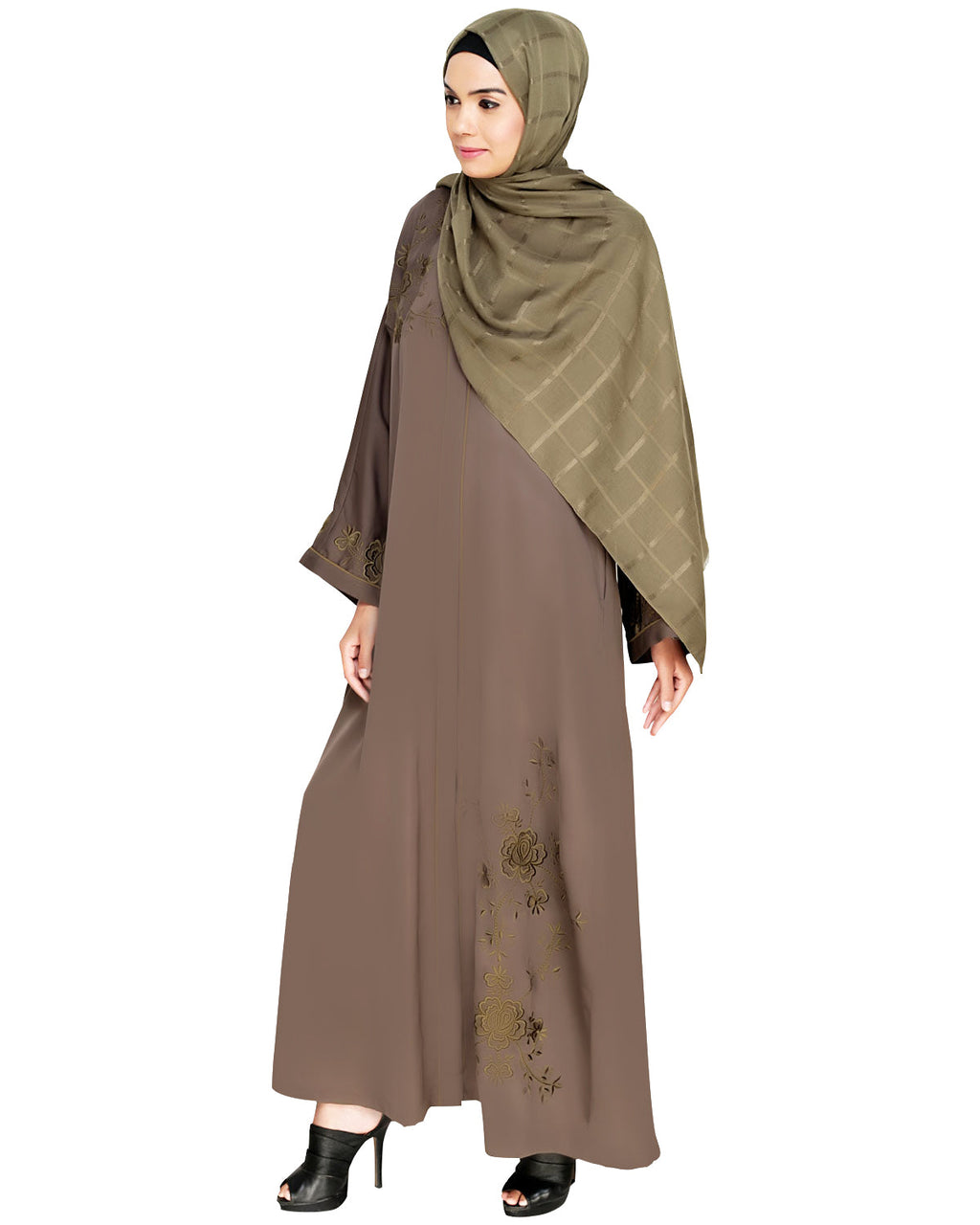 Botanical Embroidered Dubai Style Abaya Grey