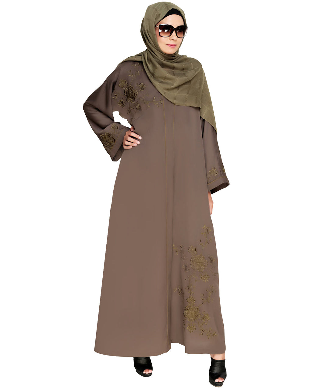 Botanical Embroidered Dubai Style Abaya Grey