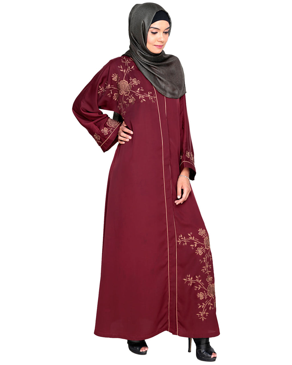 Botanical Embroidered Dubai Style Abaya Wine