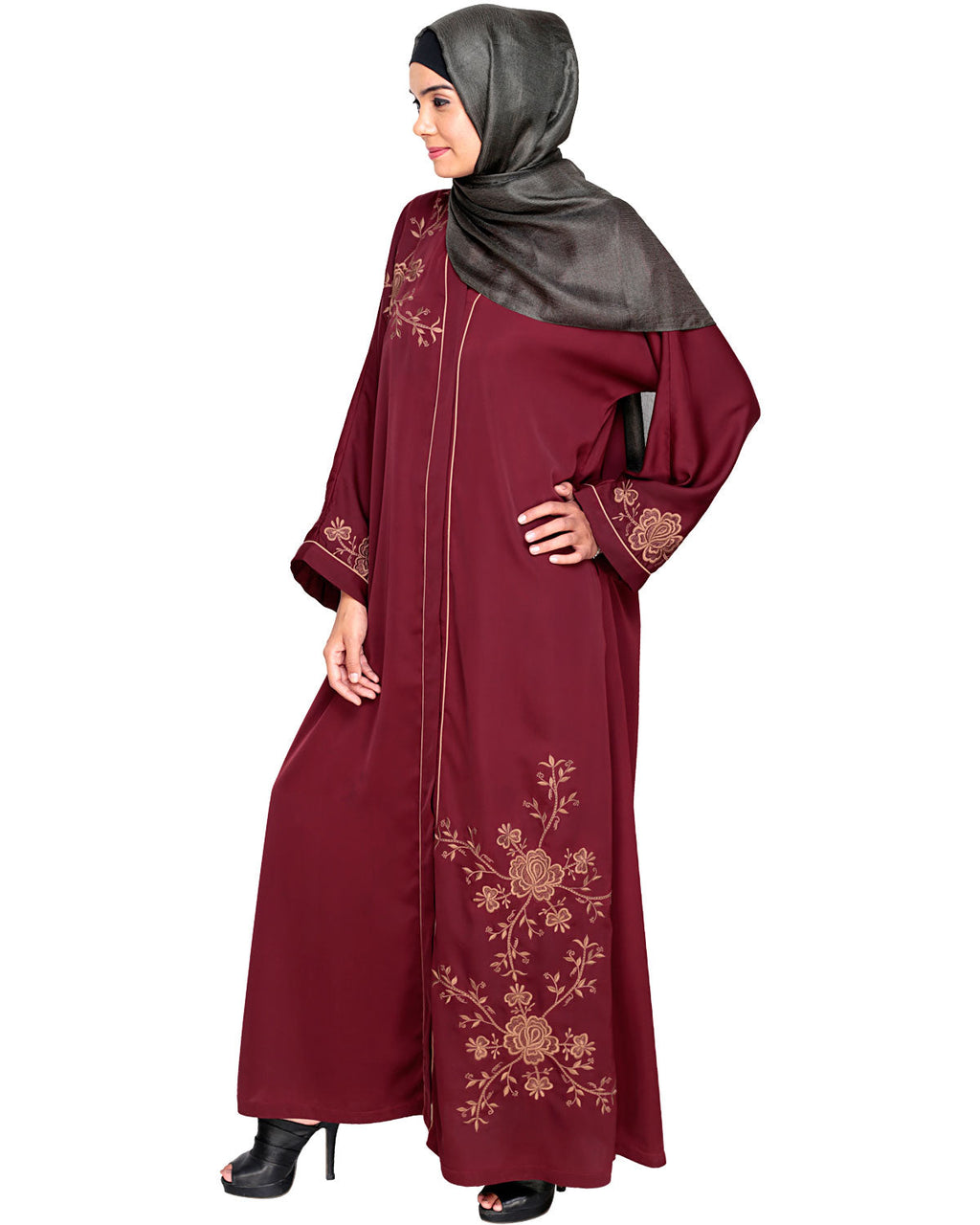 Botanical Embroidered Dubai Style Abaya Wine