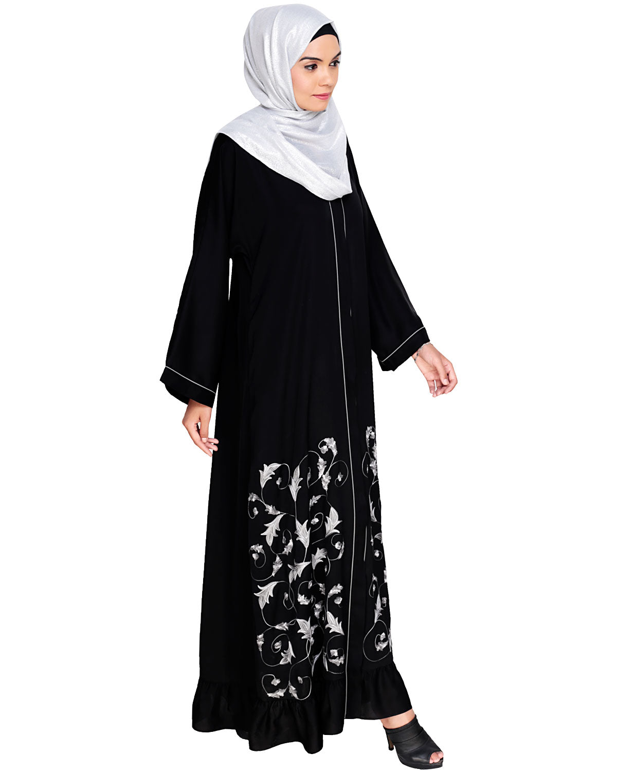 Magnificent Gathers Embroidered Dubai Style Abaya Black