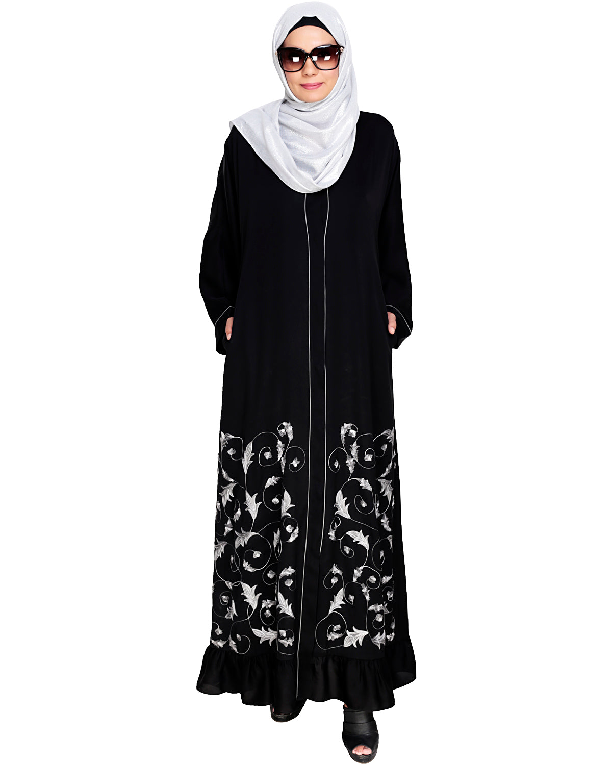 Magnificent Gathers Embroidered Dubai Style Abaya Black