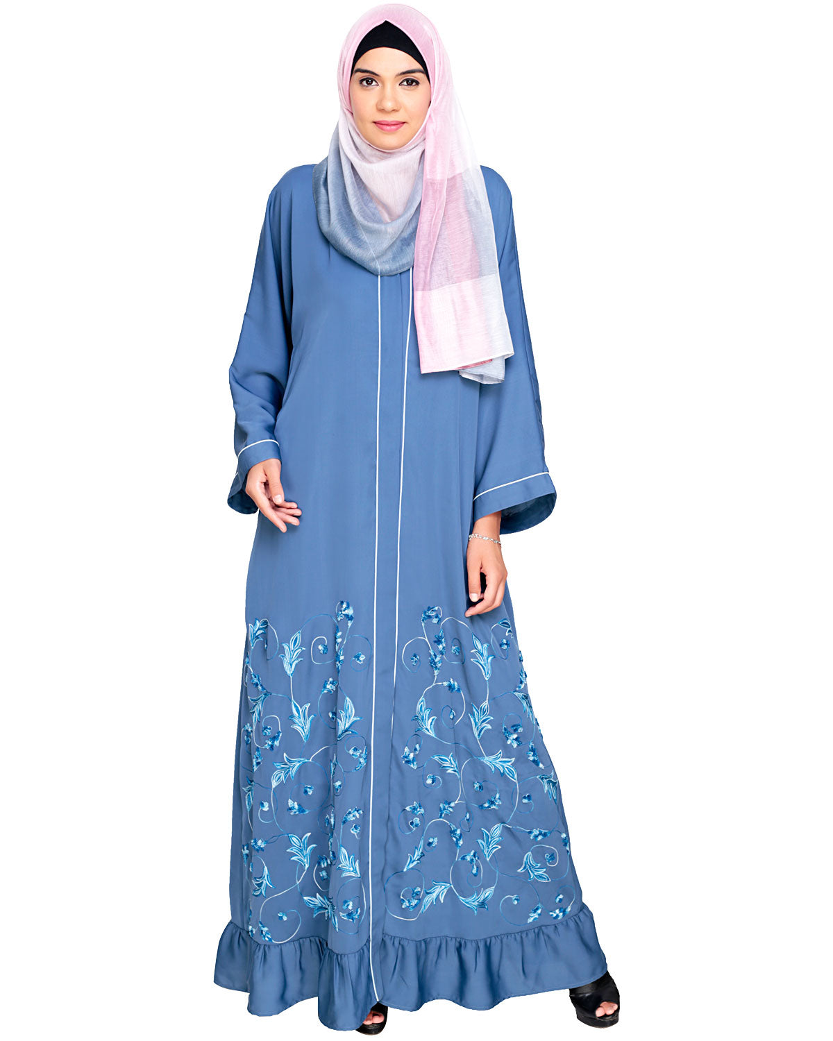 Magnificent Gathers Embroidered Dubai Style Abaya Blue