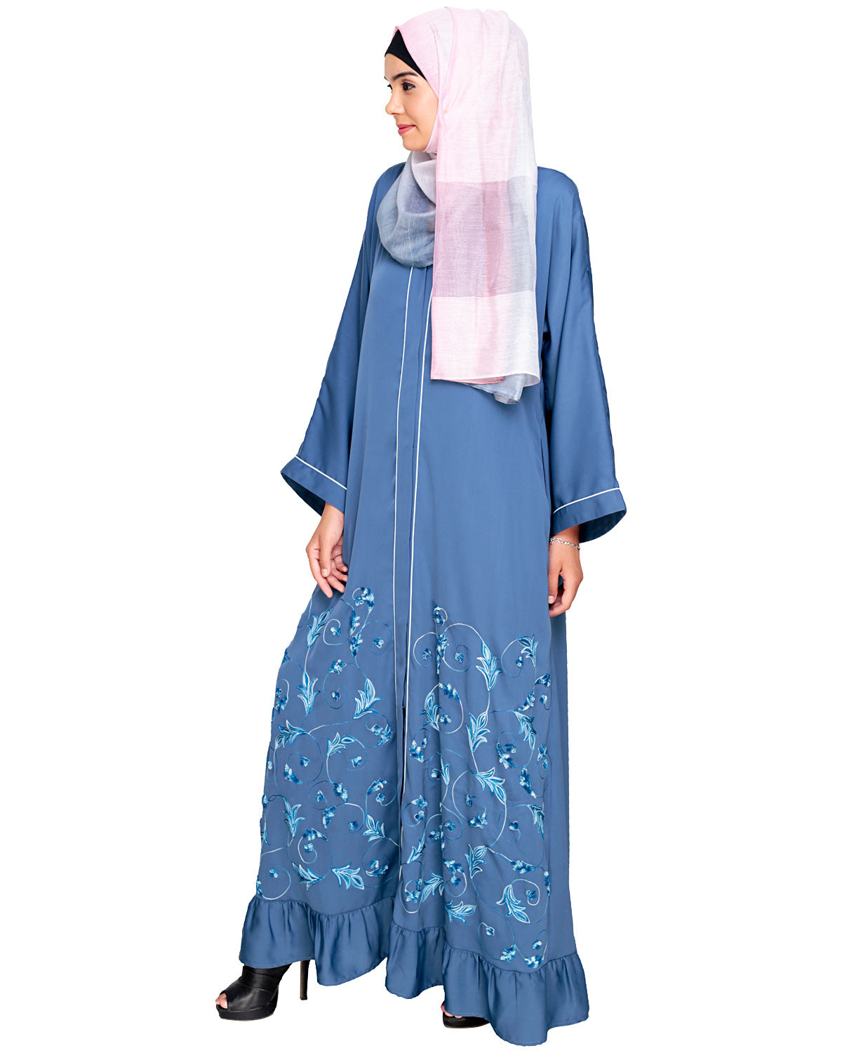 Magnificent Gathers Embroidered Dubai Style Abaya Blue