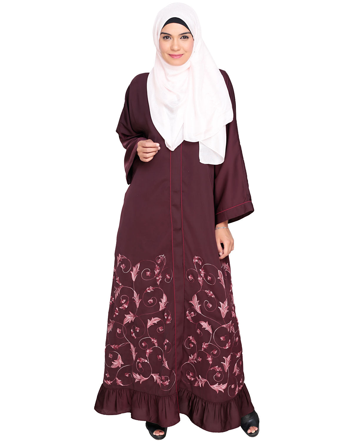 Magnificent Gathers Embroidered Dubai Style Abaya Deep Wine