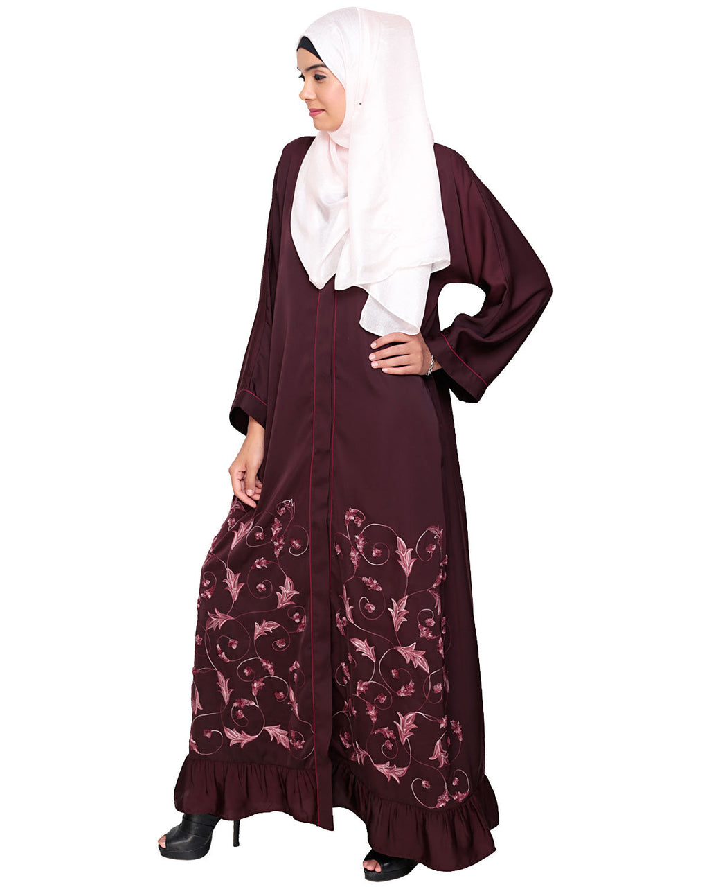 Magnificent Gathers Embroidered Dubai Style Abaya Deep Wine