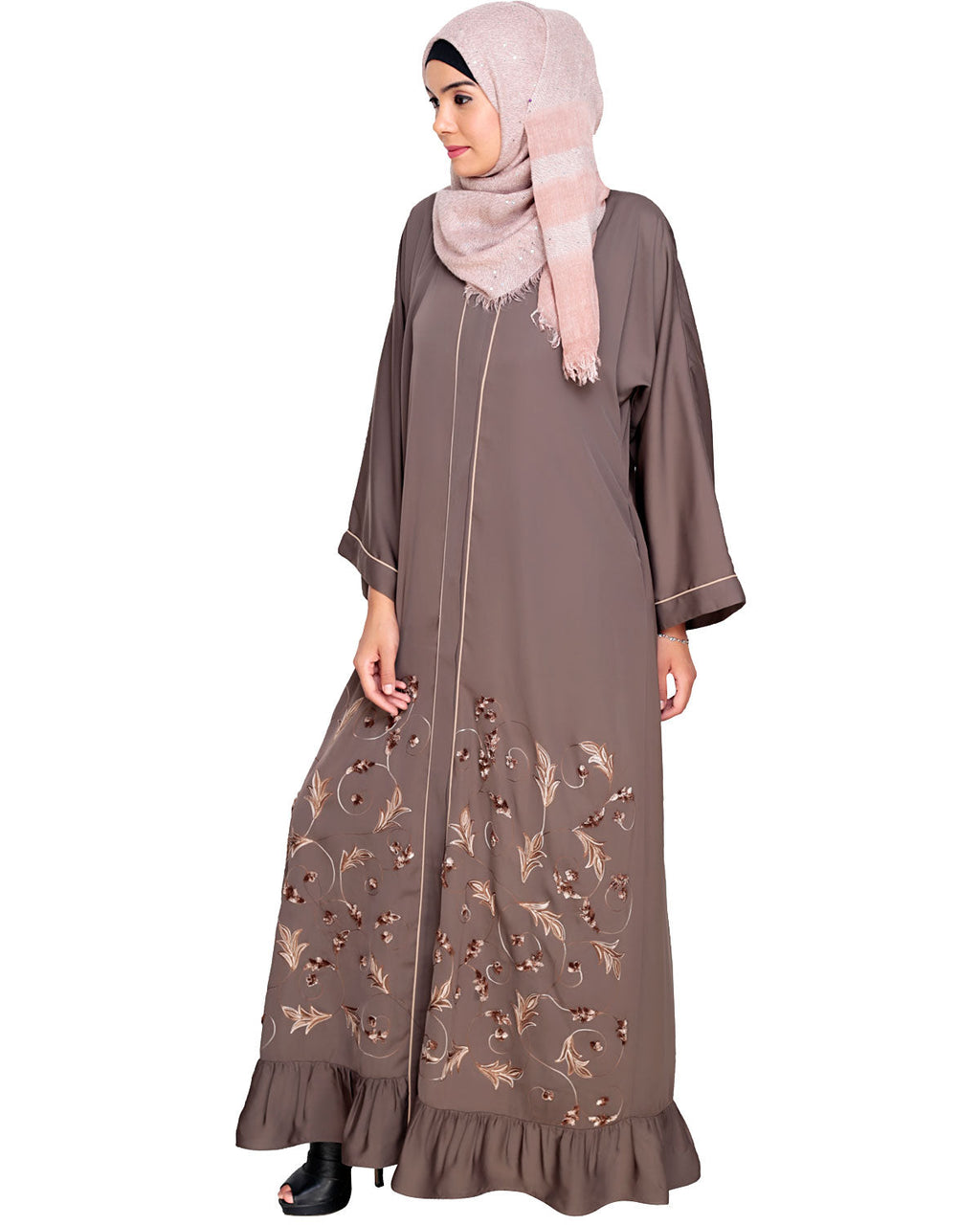 Magnificent Gathers Embroidered Dubai Style Abaya Grey
