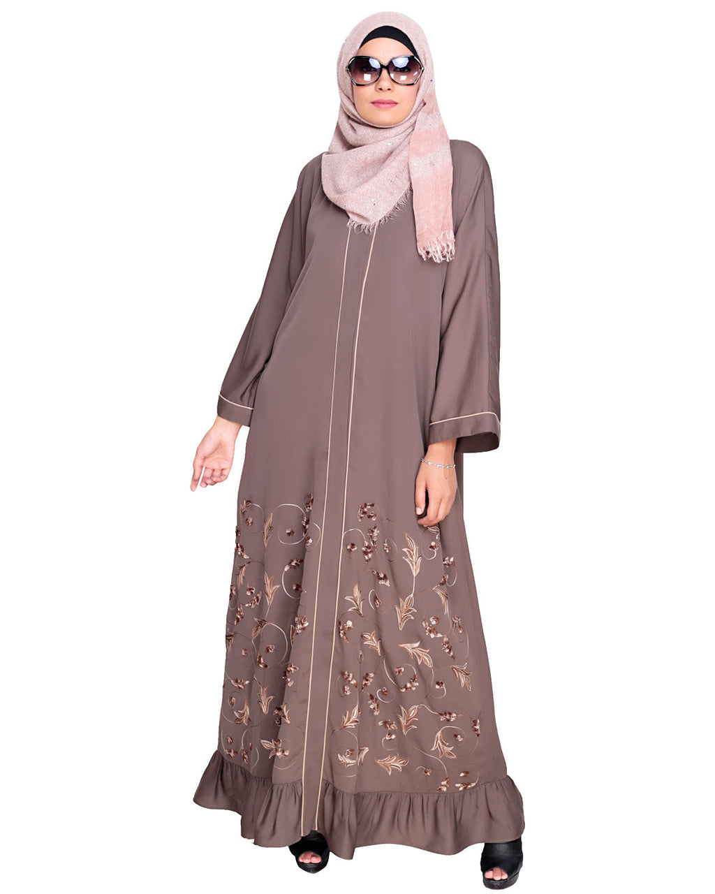 Magnificent Gathers Embroidered Dubai Style Abaya Grey