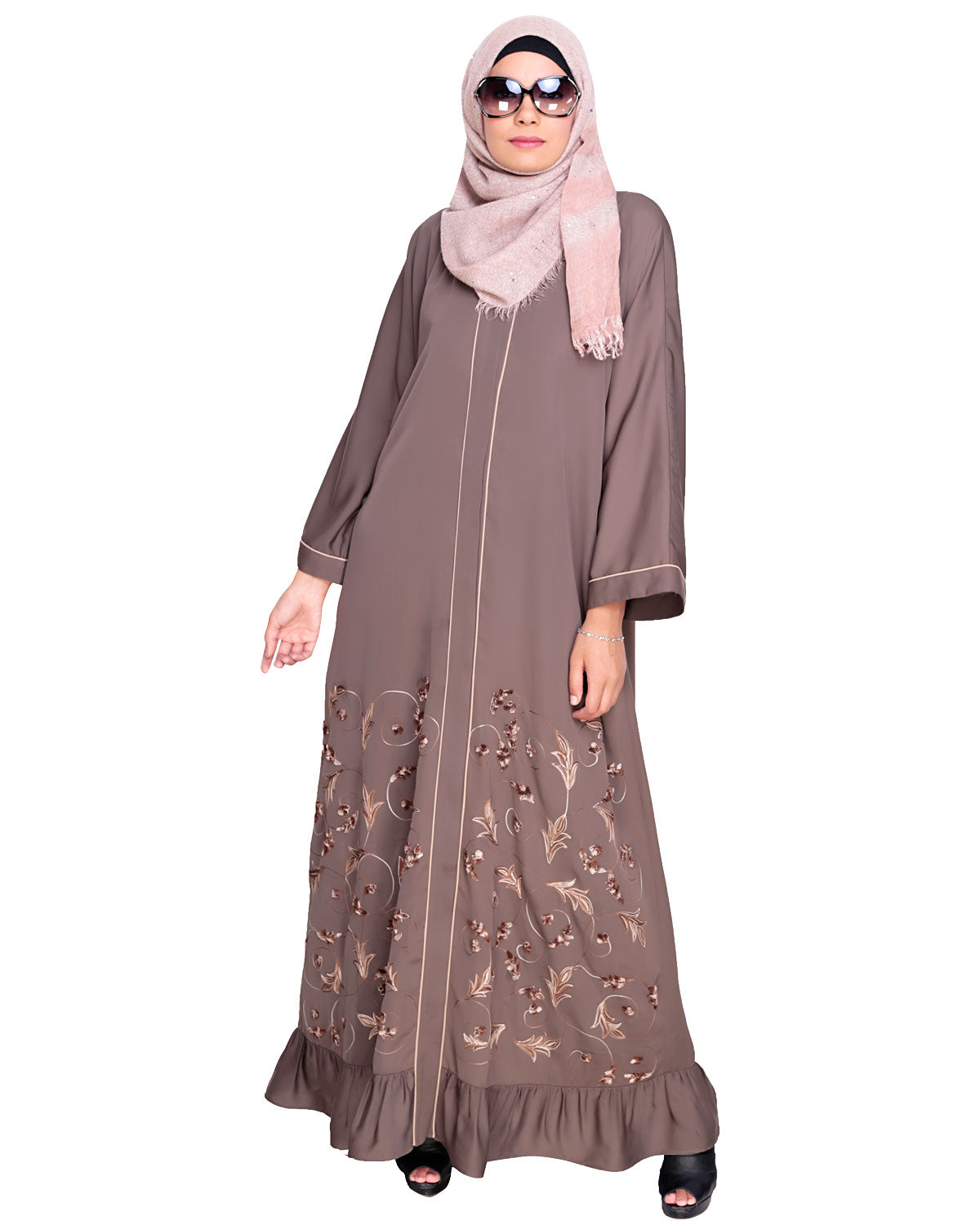 Magnificent Gathers Embroidered Dubai Style Abaya Grey