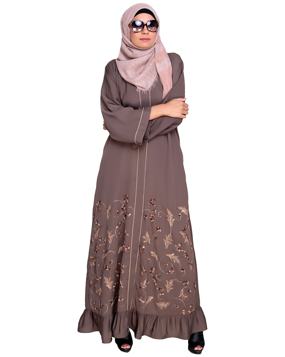 Magnificent Gathers Embroidered Dubai Style Abaya Grey