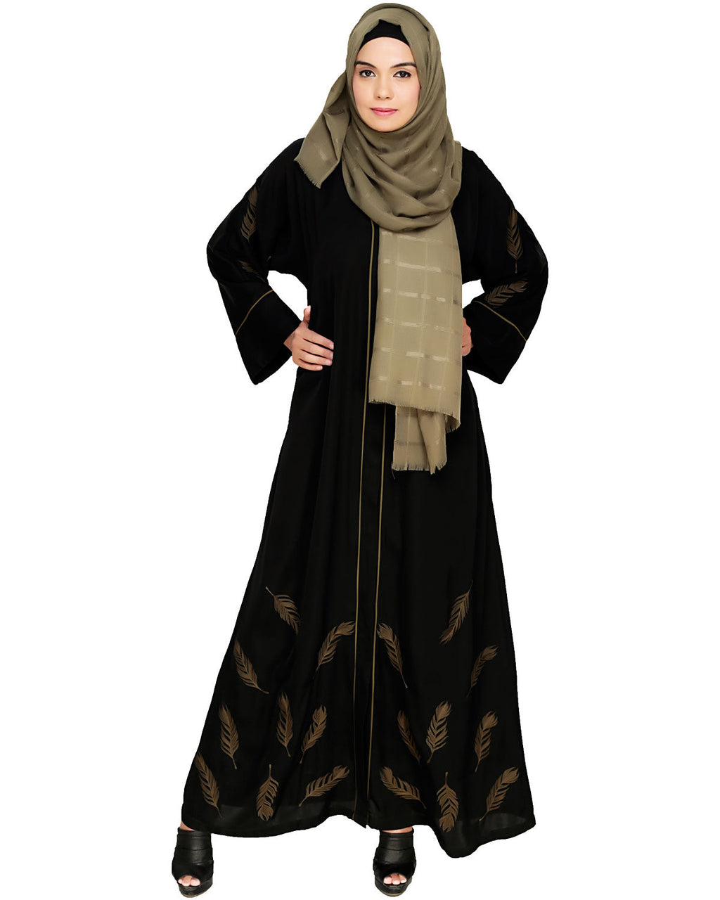 Feather Embroidered Deisgner Dubai Style Abaya Black