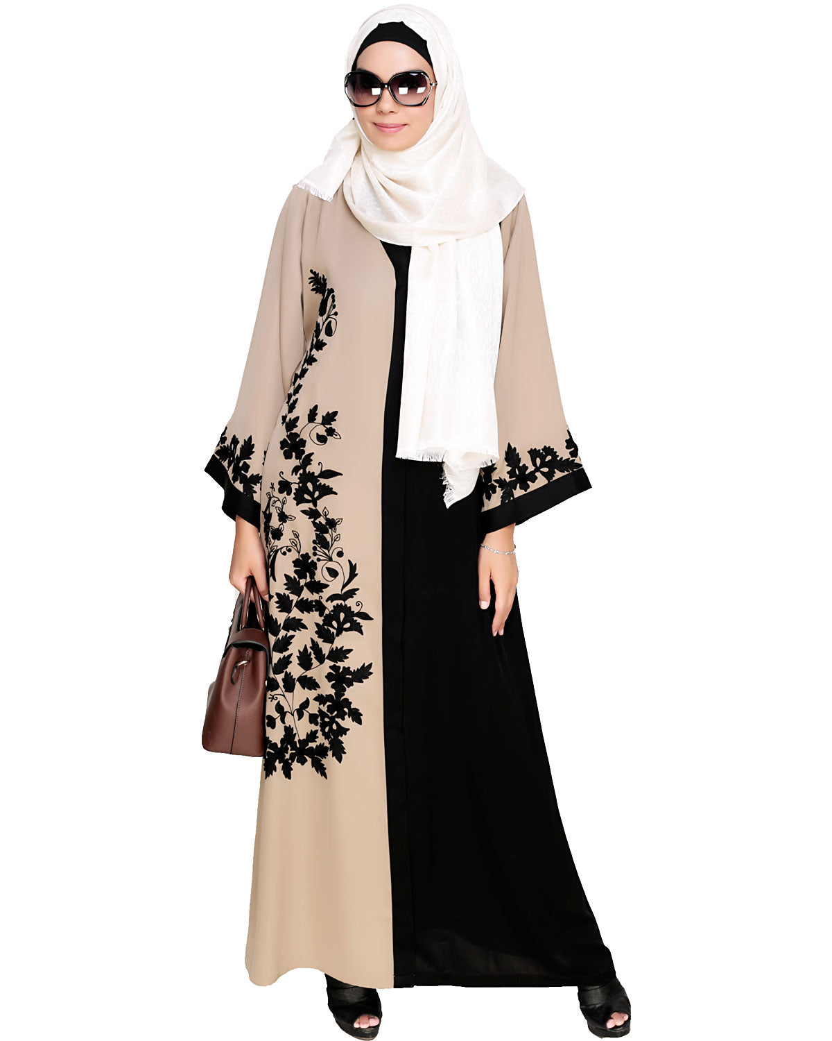 Wanderlust Embroidery Dubai Style Abaya Beige & Black