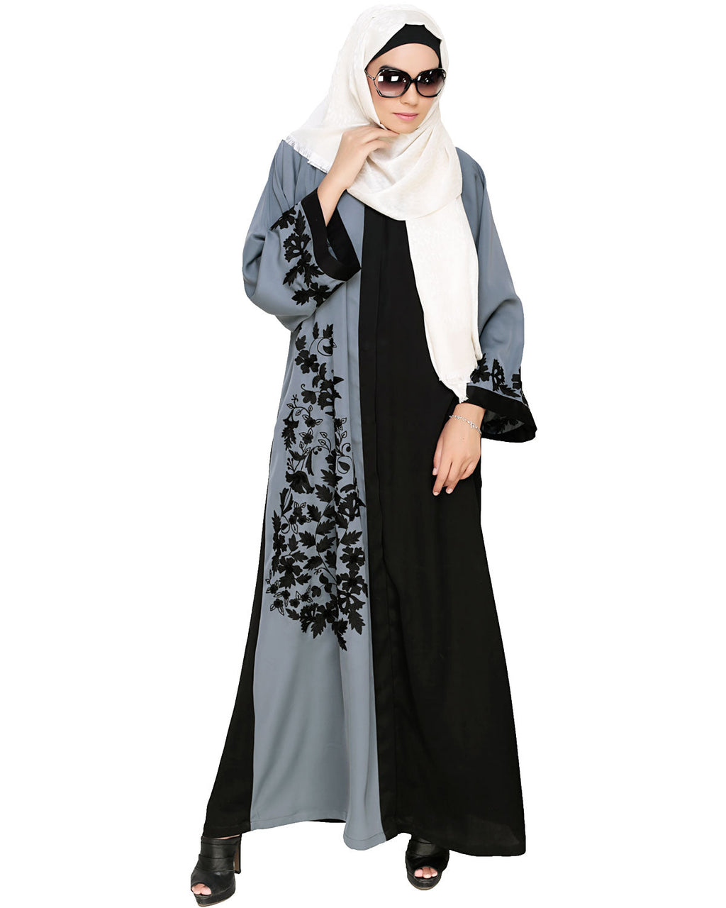Wanderlust Embroidery Dubai Style Abaya Grey & Black