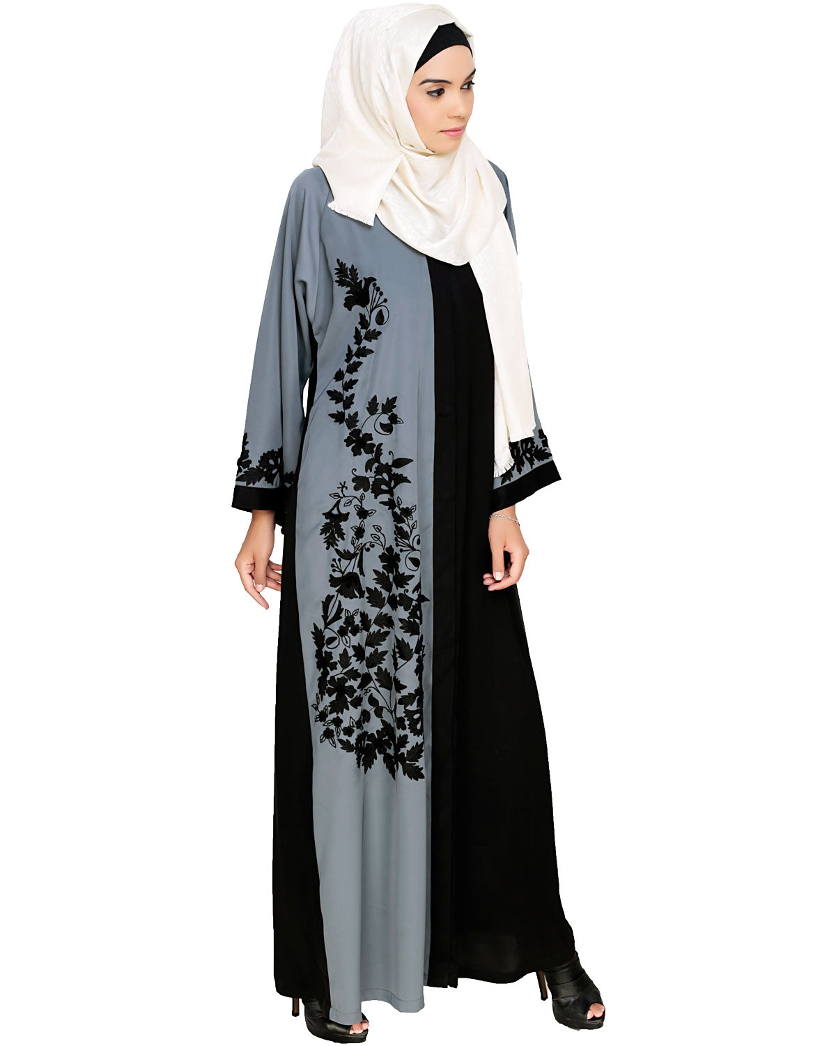Wanderlust Embroidery Dubai Style Abaya Grey & Black