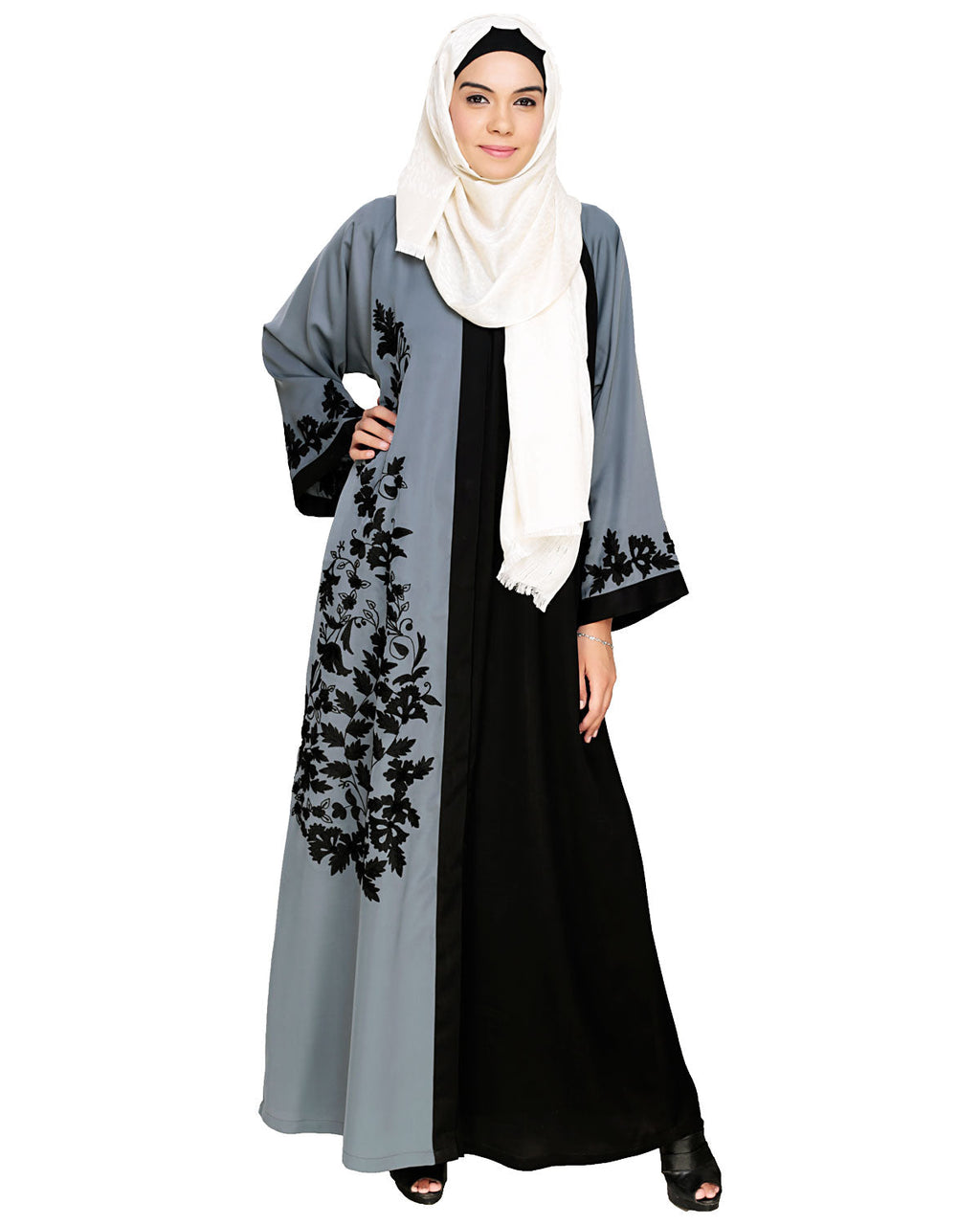 Wanderlust Embroidery Dubai Style Abaya Grey & Black