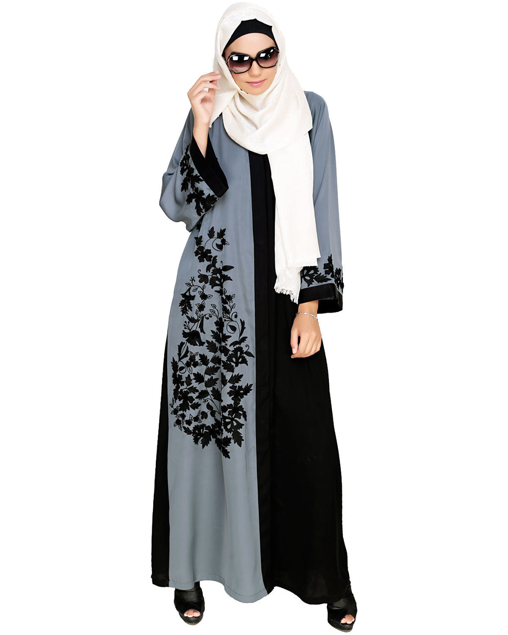 Wanderlust Embroidery Dubai Style Abaya Grey & Black