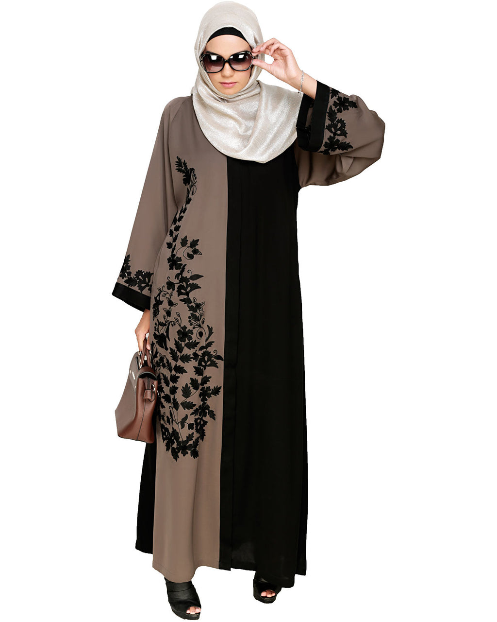 Wanderlust Embroidery Dubai Style Abaya Mud Brown & Black