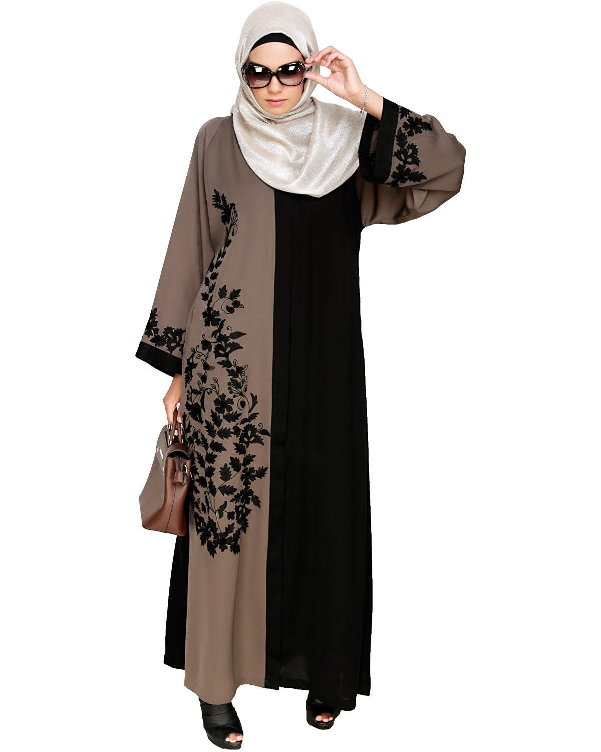 Wanderlust Embroidery Dubai Style Abaya Mud Brown & Black