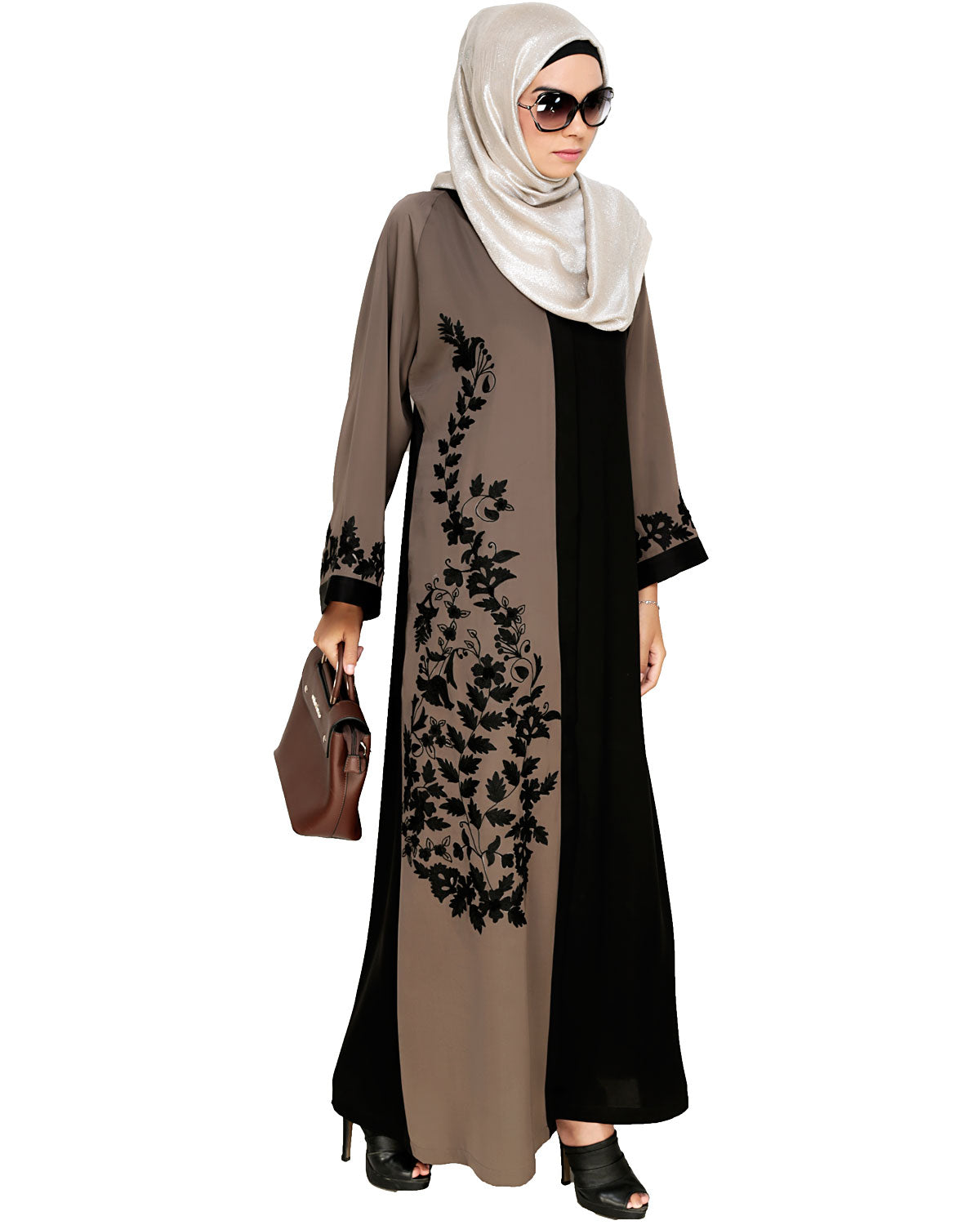Wanderlust Embroidery Dubai Style Abaya Mud Brown & Black