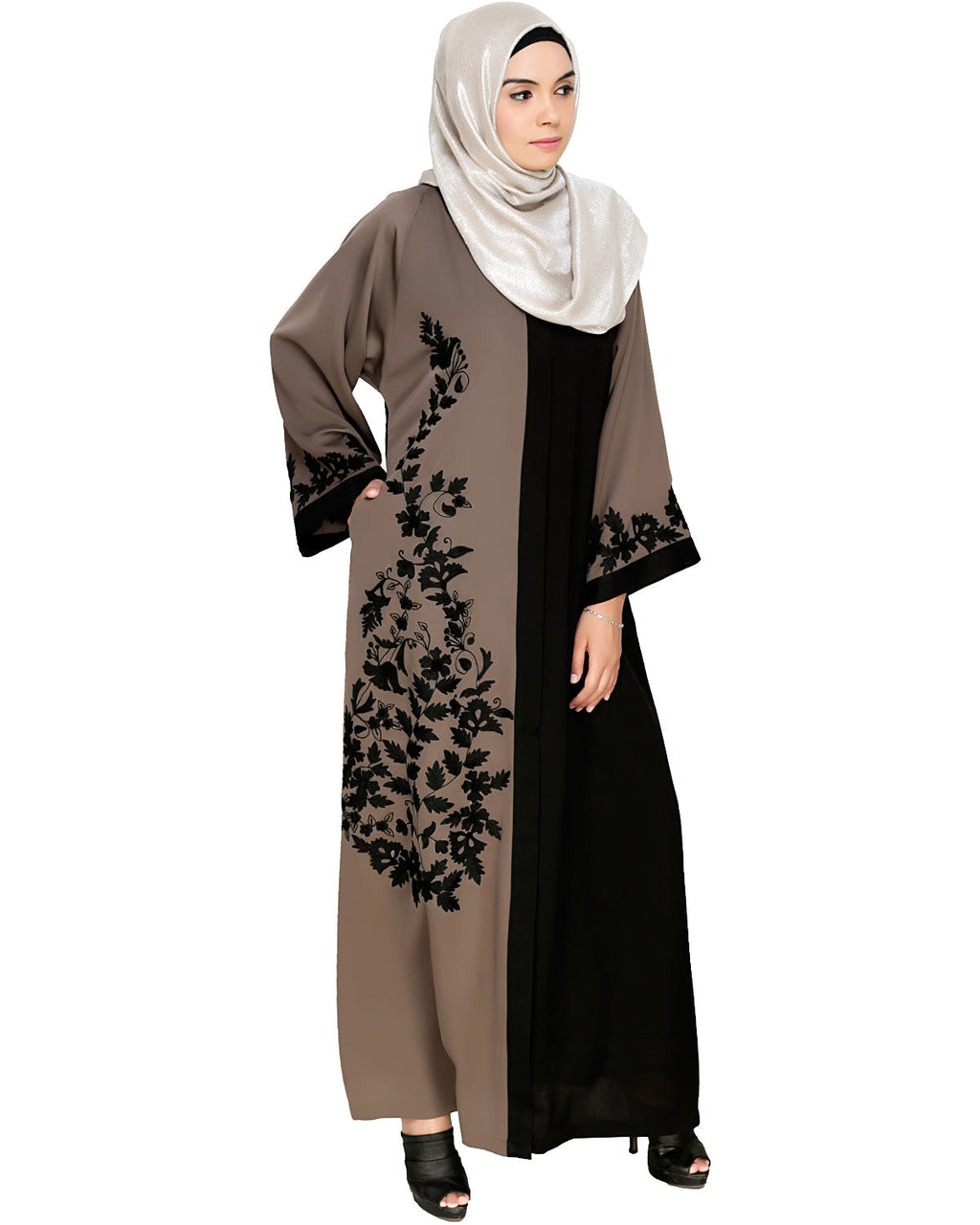 Wanderlust Embroidery Dubai Style Abaya Mud Brown & Black
