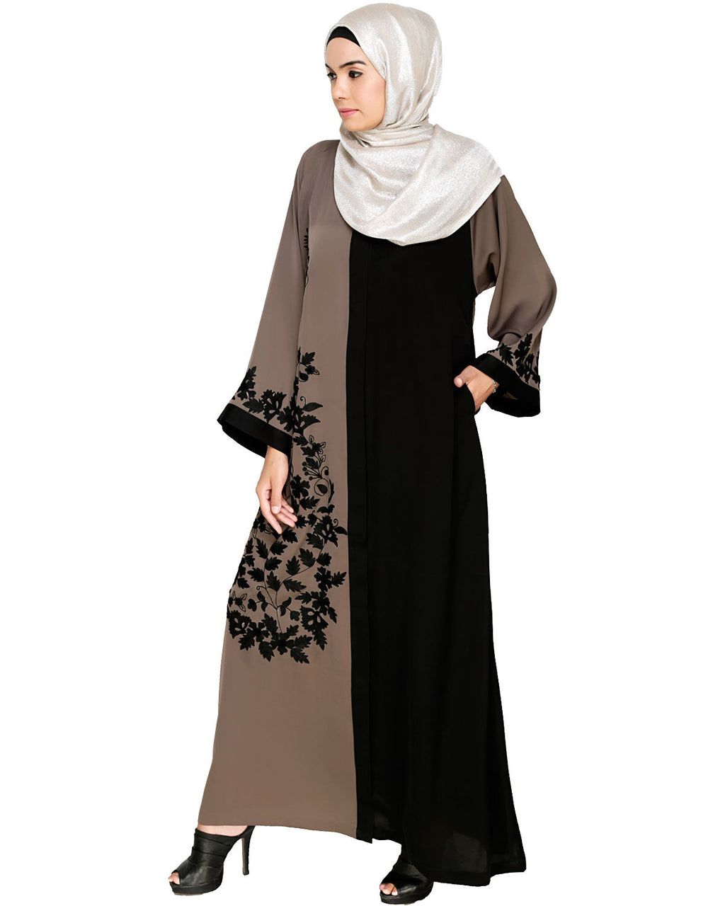 Wanderlust Embroidery Dubai Style Abaya Mud Brown & Black