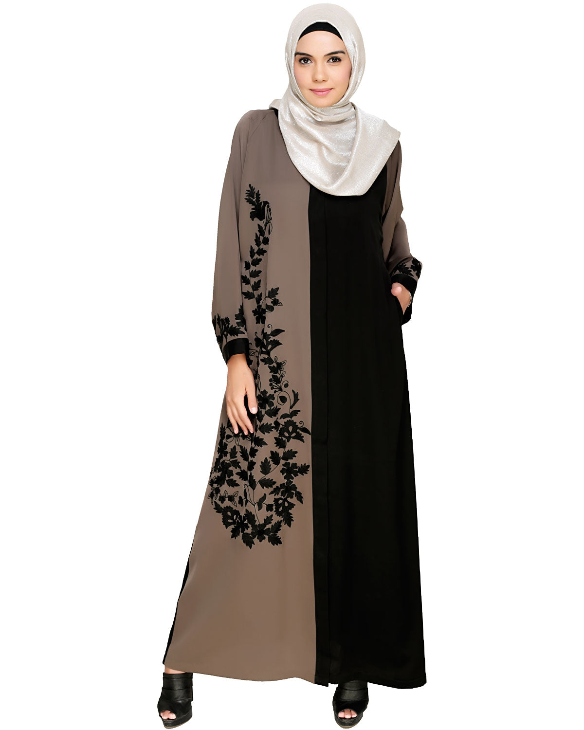 Wanderlust Embroidery Dubai Style Abaya Mud Brown & Black