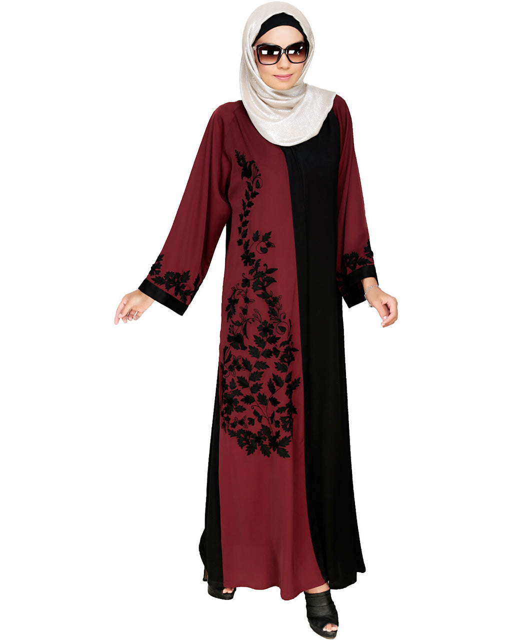 Wanderlust Embroidery Dubai Style Abaya Wine & Black