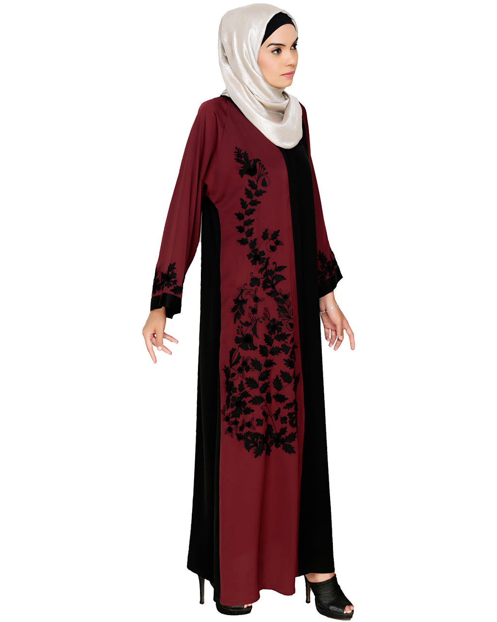 Wanderlust Embroidery Dubai Style Abaya Wine & Black