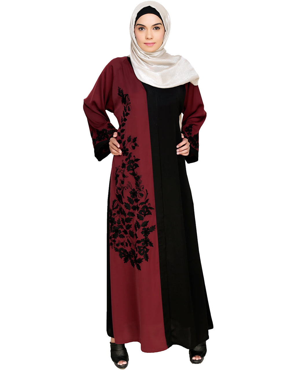Wanderlust Embroidery Dubai Style Abaya Wine & Black