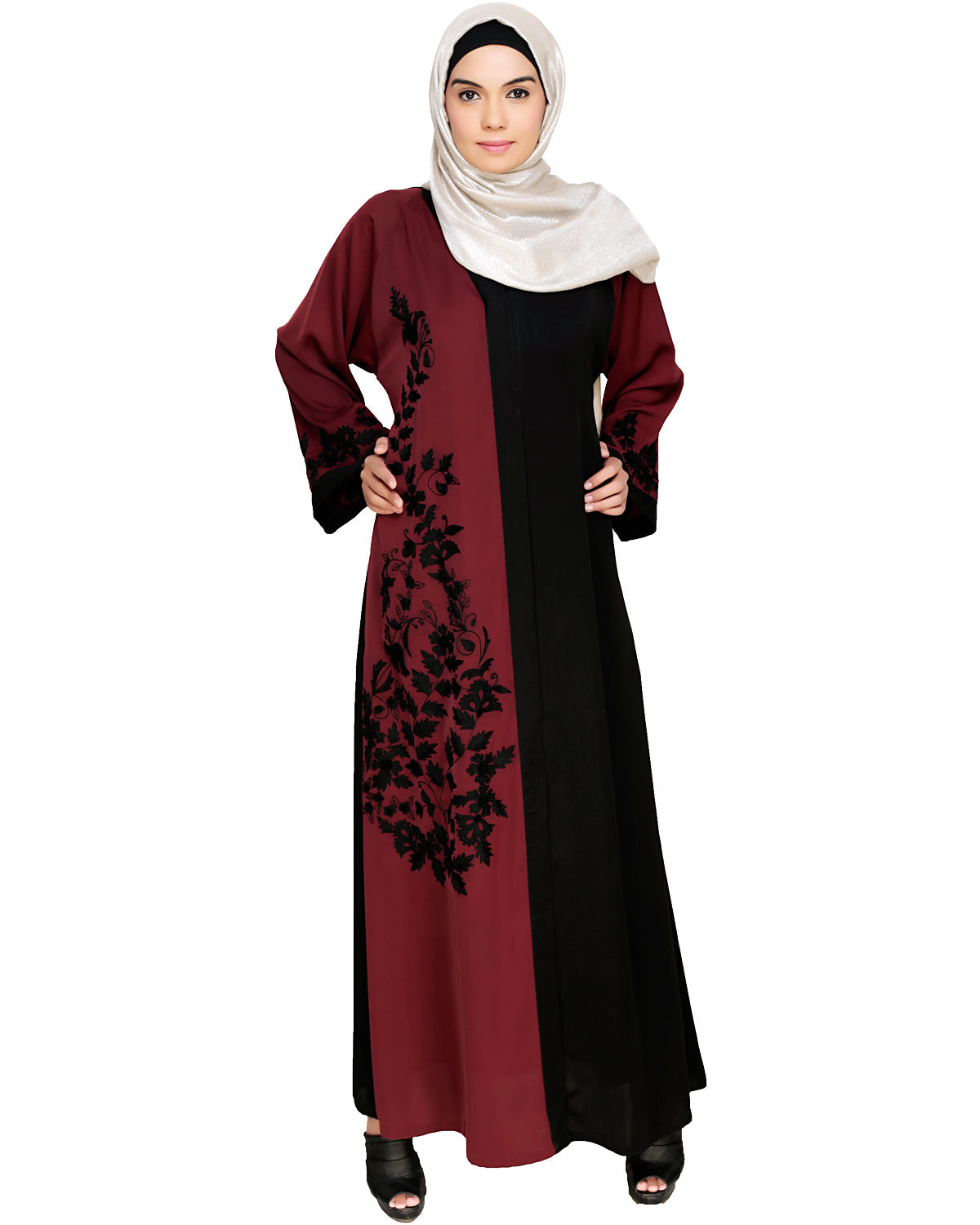 Wanderlust Embroidery Dubai Style Abaya Wine & Black