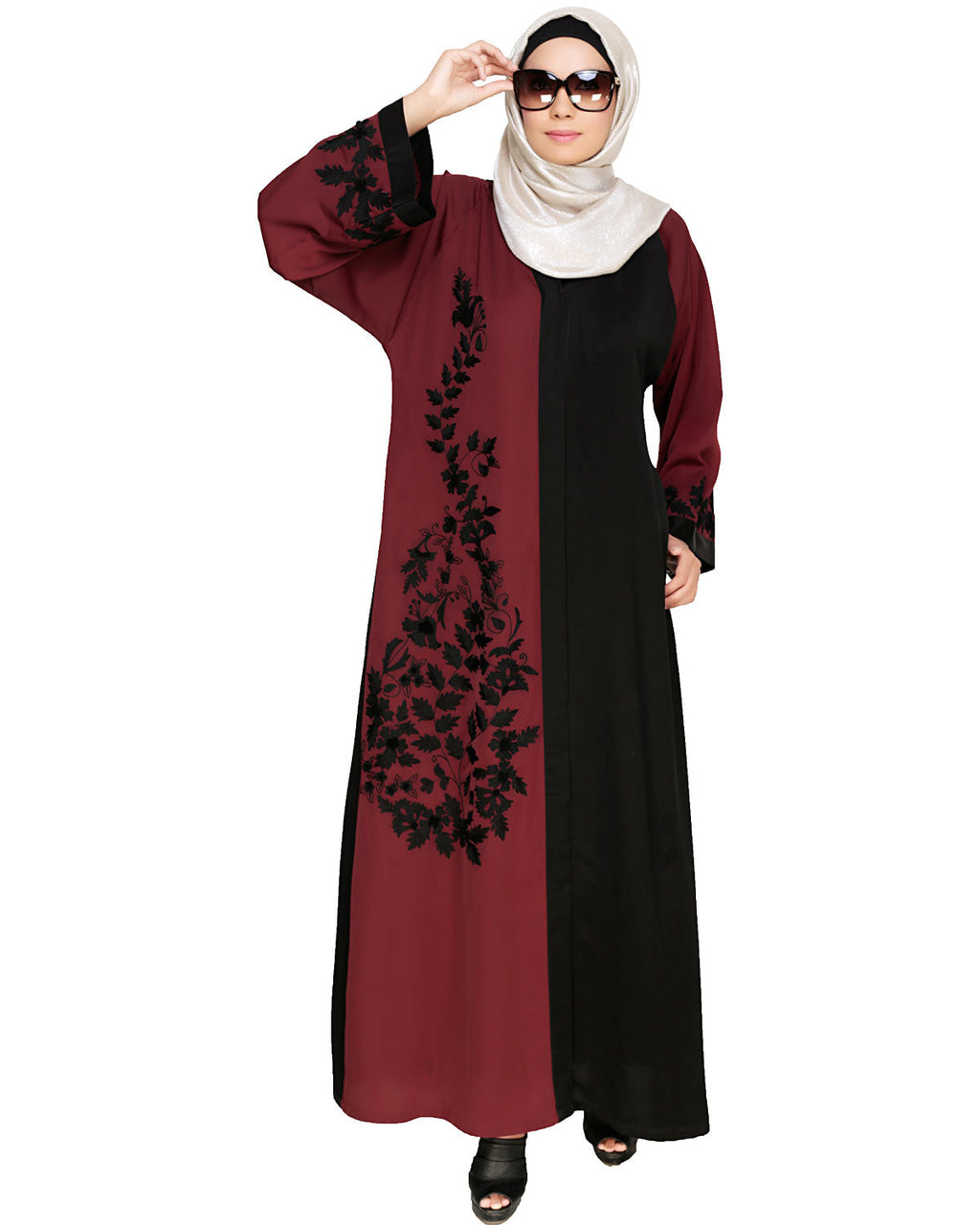 Wanderlust Embroidery Dubai Style Abaya Wine & Black