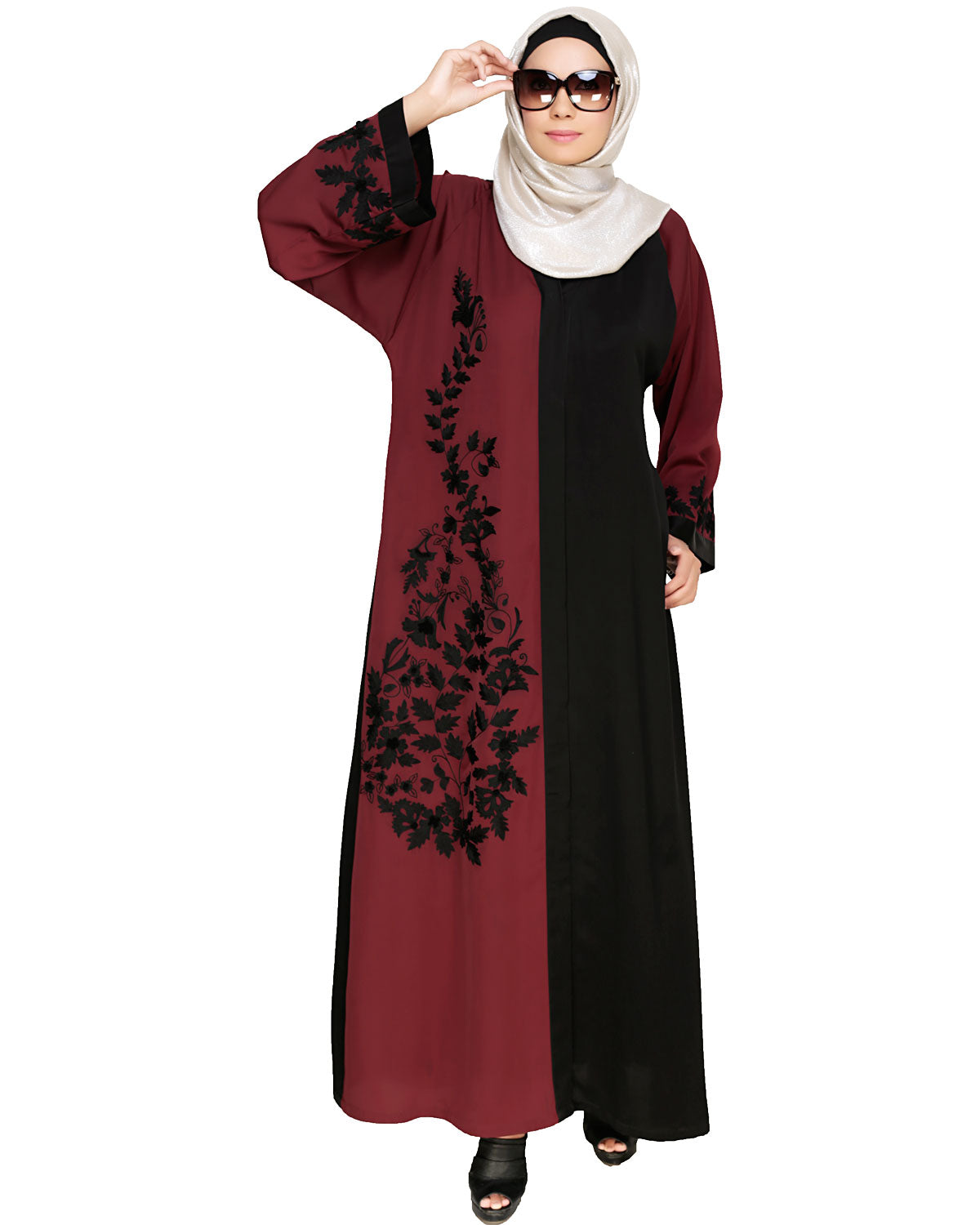Wanderlust Embroidery Dubai Style Abaya Wine & Black