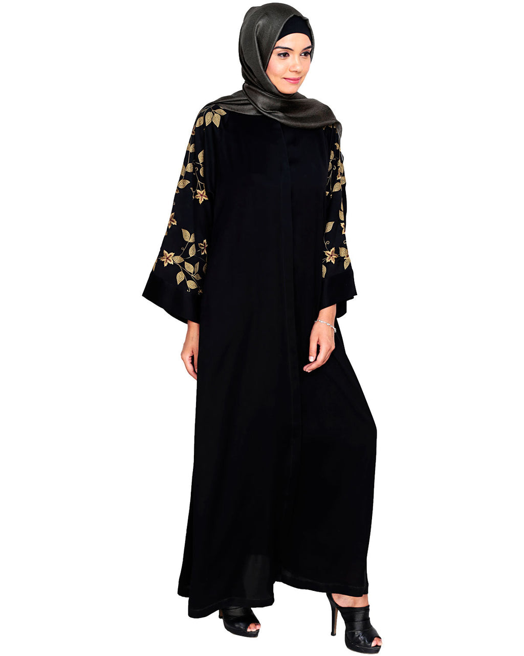 Alluring Floral Embroidery Dubai Style Abaya Black