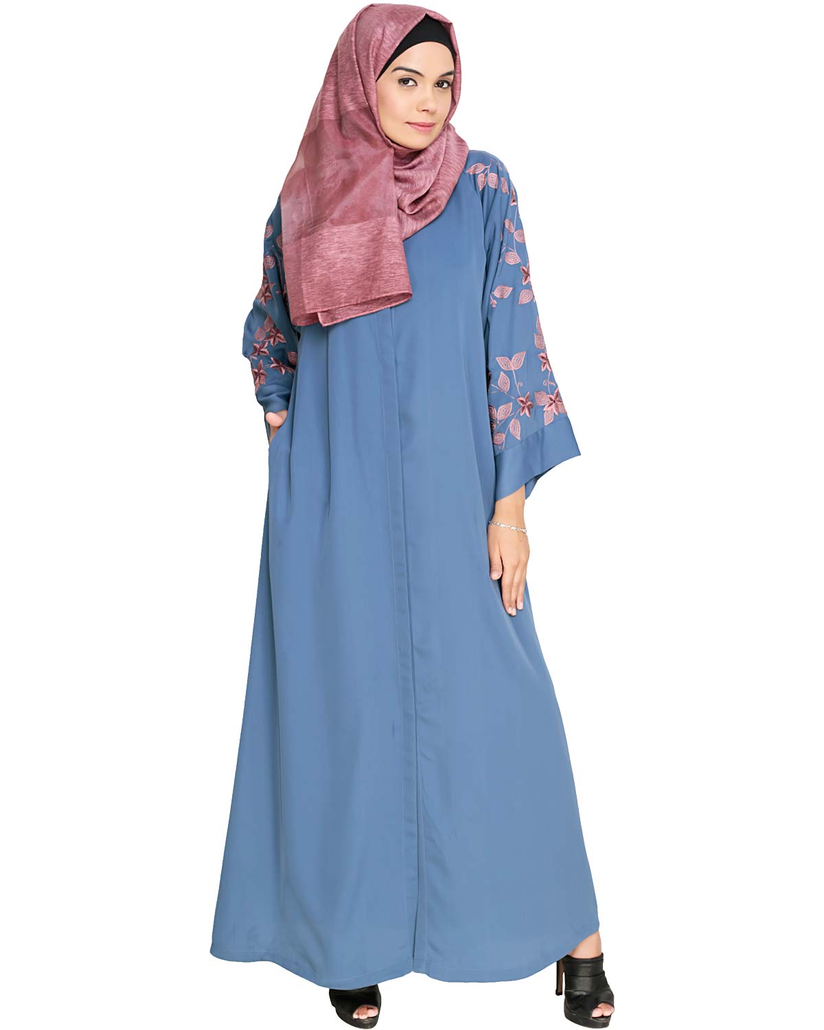 Alluring Floral Embroidery Dubai Style Abaya Blue