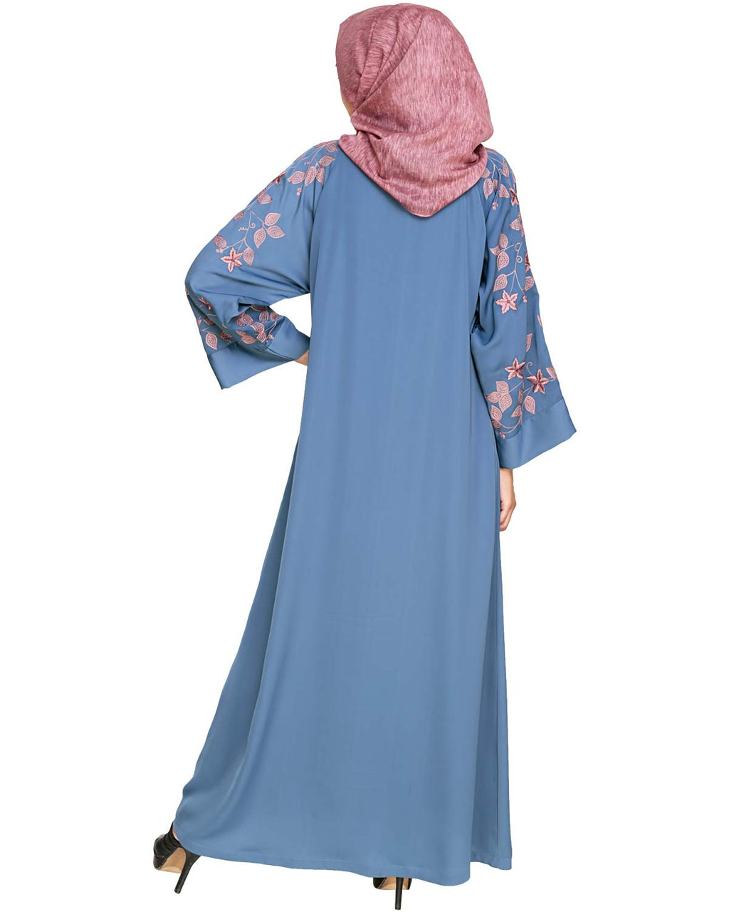 Alluring Floral Embroidery Dubai Style Abaya Blue