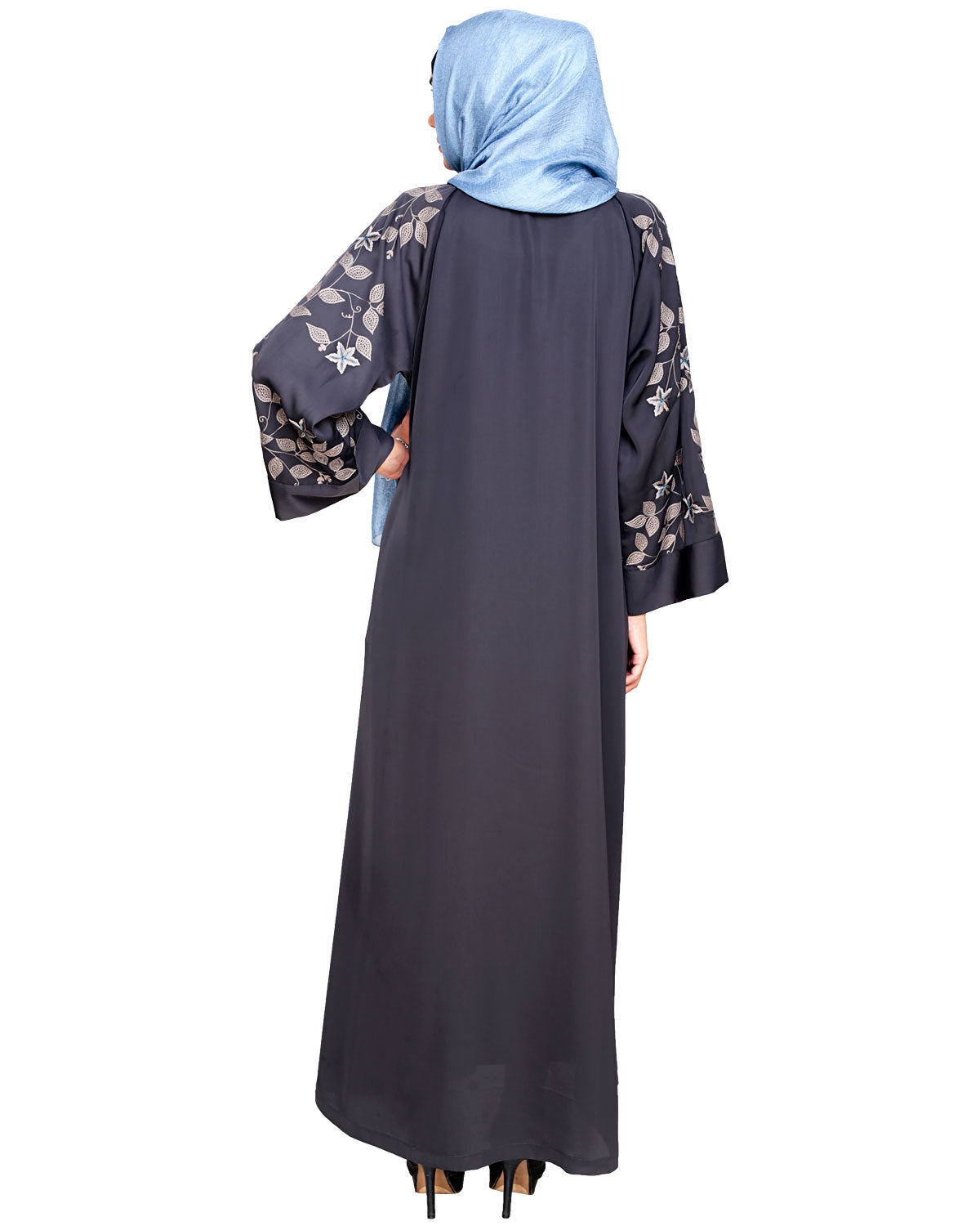 Alluring Floral Embroidery Dubai Style Abaya Dark Grey