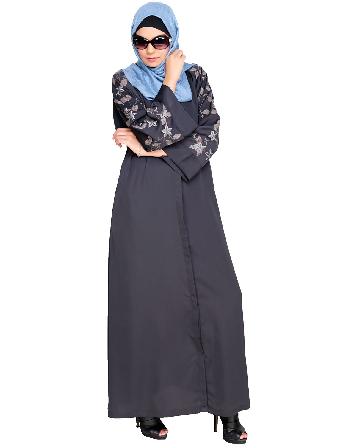 Alluring Floral Embroidery Dubai Style Abaya Dark Grey