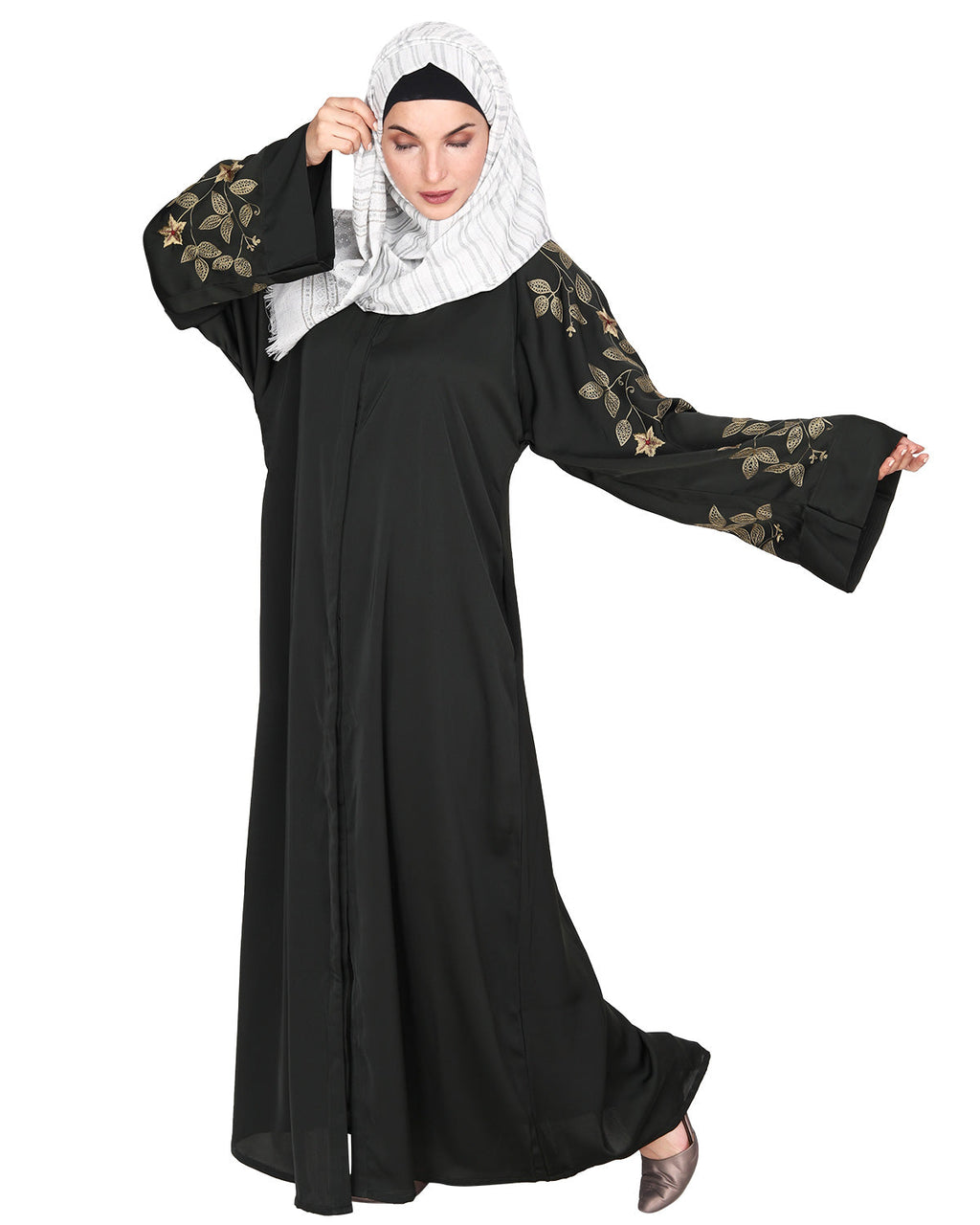 Alluring Floral Embroidery Dubai Style Abaya Olive Green