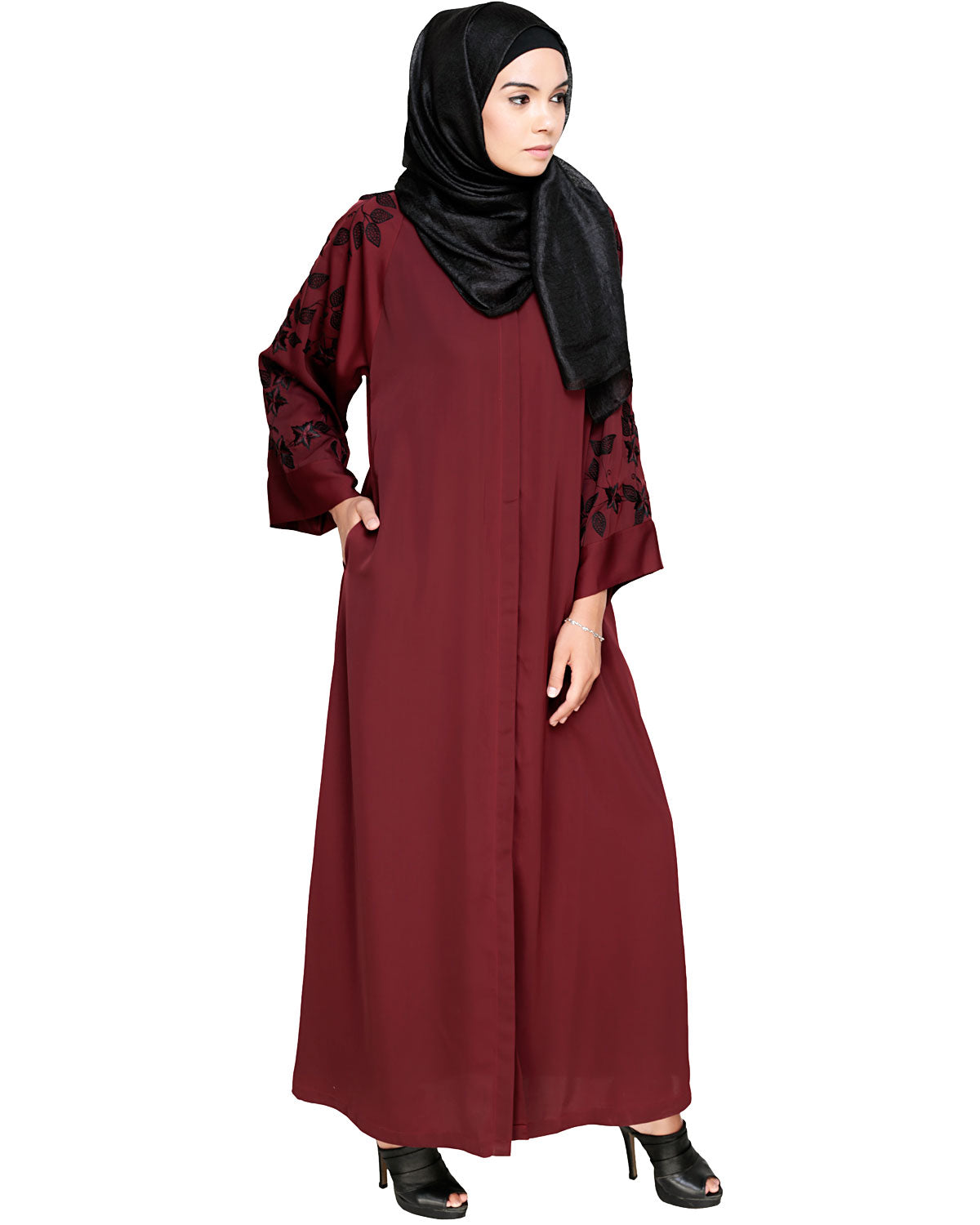 Alluring Floral Embroidery Dubai Style Abaya Wine