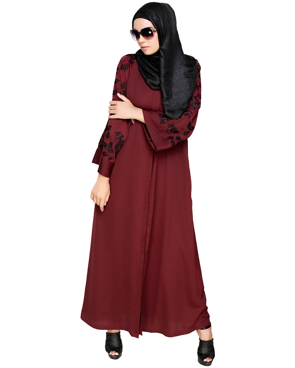 Alluring Floral Embroidery Dubai Style Abaya Wine