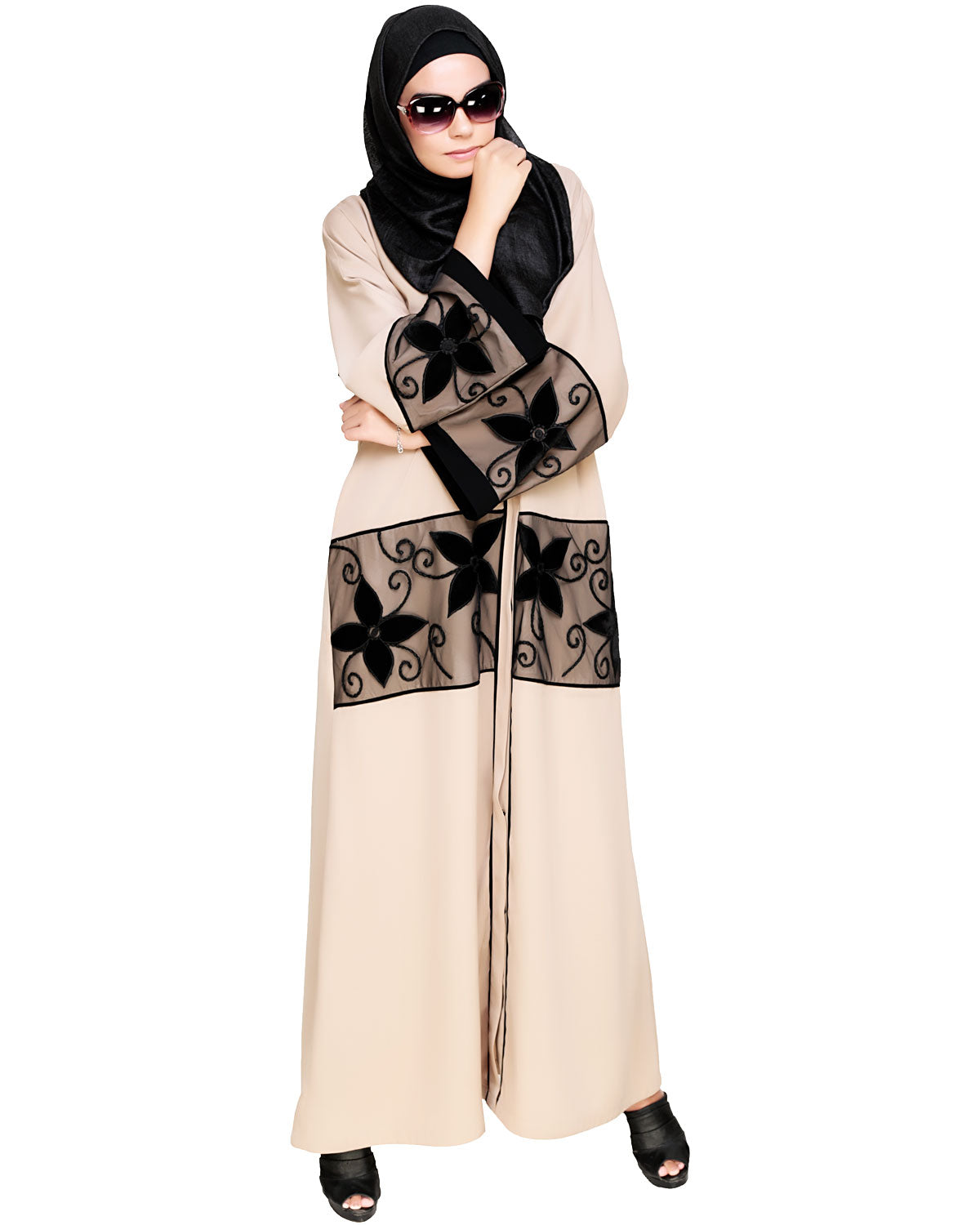 Floral Lace Embroidered Dubai Style Abaya Beige