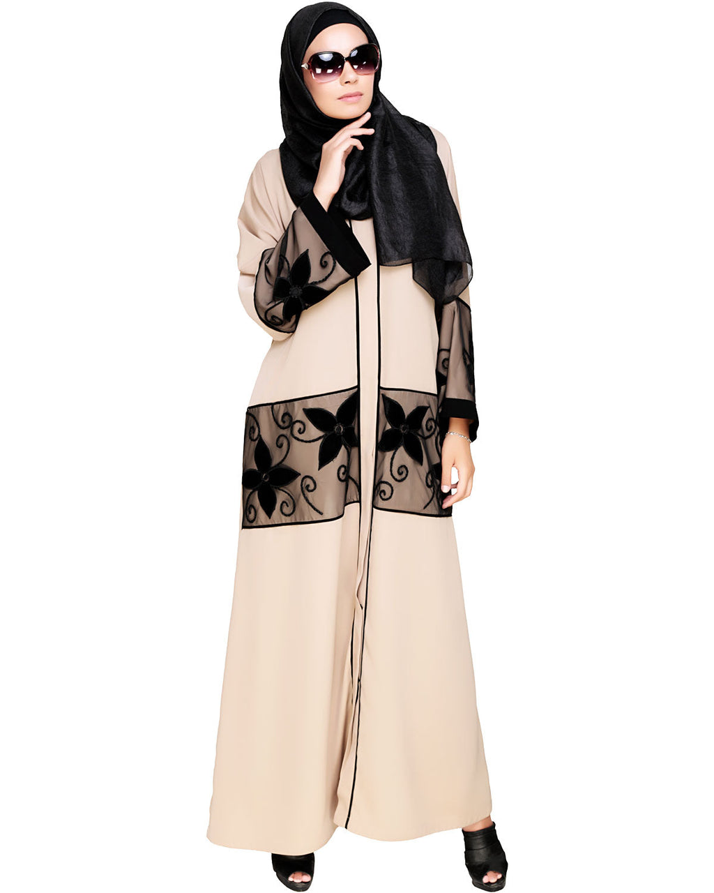 Floral Lace Embroidered Dubai Style Abaya Beige