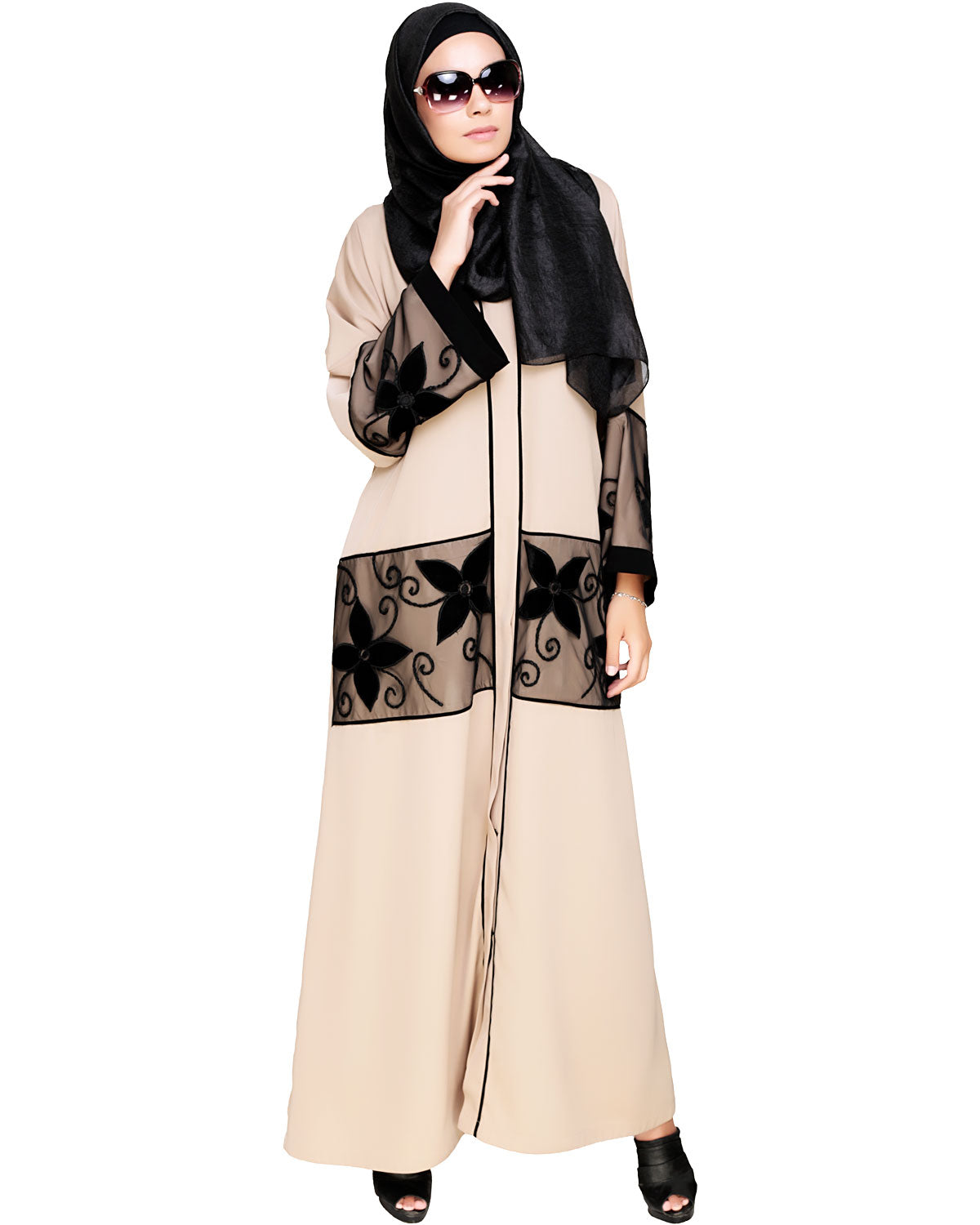 Floral Lace Embroidered Dubai Style Abaya Beige